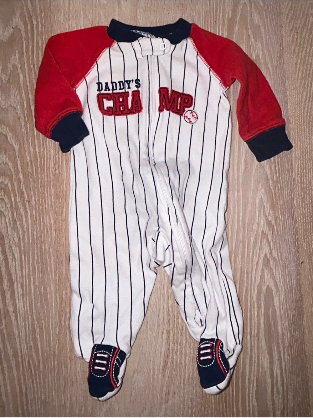 Carter's White Pinstripe Footed One-Piece with Red Sleeves and Navy Accents